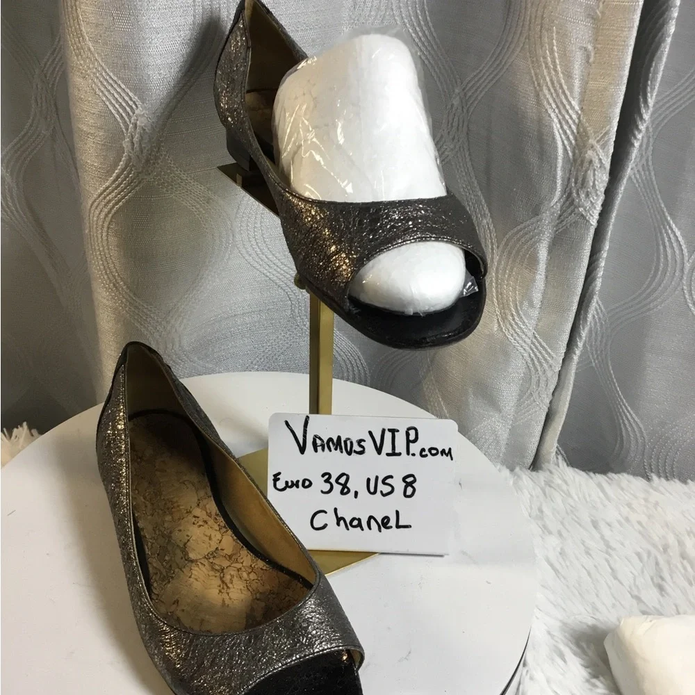 Chanel Women's Metallic Peep-Toe Flats - Silver